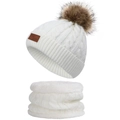 Winter two-piece set for kids including white knit hat with pompom and fleece neck warmer - Single Pom-Pom 2-Piece Set White