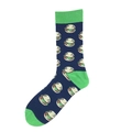 Deep blue crew socks with green accents and repeating burger pattern in cotton blend - One Size / Hamburger / Dark Blue/Green