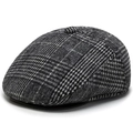 Classic black and grey plaid flat cap for men with premium wool-like textured fabric - One Size / Gray