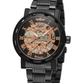 Montre mécanique en acier noir avec cadran squelette or rose et chiffres romains - Noir Or Rose