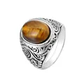 Vintage men's titanium steel ring with oval tiger eye stone and floral engravings - US 13 / Tiger's Eye