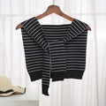 Classic black and white striped knitted shawl wrap with elegant front tie detail - Striped Black