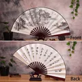 Classic Chinese ink landscape folding fan with calligraphy and wooden display stand - 10 Inch Boating Scene
