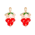 Detail of strawberry drop earrings featuring vibrant red enamel and golden hooks - Red Strawberry