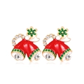 Detail of Christmas bell earrings with red enamel, green petals and white rhinestones - Rhinestone Double Bells
