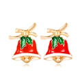 Macro shot of gold Christmas bell earrings with red bow and holly leaf enamel details - Red Green Bell