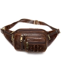 Dark brown leather waist bag for men with crocodile texture and multi-zipper pockets - Coffee Crocodile Pattern