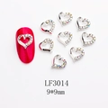 Detailed size 9x9mm view of heart-shaped alloy nail charms with silver finish and colorful rhinestones - Heart Shape (LF3014) / 1 Piece