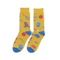 Detail view of mustard yellow crew socks with blue accents and sports cartoon patterns - Cartoon Sports Icons Style (A357)