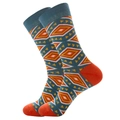 Detail of blue men's crew socks with orange and yellow geometric diamond knit pattern - EU 39-46 / Ethnic Diamond Pattern
