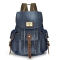 Zaino retrò in denim con cinturini in pelle marrone e fibbie in ottone vintage per viaggi - Blu