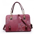 Deep red PU leather shell bag with vintage paisley print and gold chain strap - Red Dangle Flower