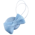 Detail view of light blue linen fascinator hat with textured bow and elegant looped accents - Light Blue