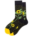 Detail of cotton crew socks featuring yellow sunflowers and polka dots on black background - Sunflower