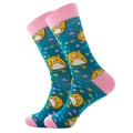 Detailed shot of blue crew socks featuring cute orange cat patterns and pink accents - Size 39-46 / Lake Green Cat