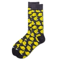 Detail view of dark grey cotton socks featuring a yellow cheese pattern on white background - Cheese