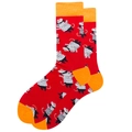 Detail of red crew socks with repeating cartoon mouse pattern and orange accents - Red Mouse