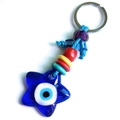 Porte-clés étoile mauvais œil en verre bleu avec perles colorées et anneau en métal argenté - Porte-clés Étoile / Bleu
