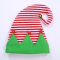 Red and white striped Christmas elf hat with green fuzzy trim and festive bells - A10 Striped Elf Hat