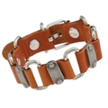 Retro punk brown leather bracelet with silver metal rings and rivets on white background - Brown