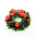 Mini Christmas wreath with green tinsel, red ribbon bow and berry ornaments decoration - Red Bow Silk Ball Style