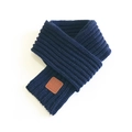 Dark blue knitted scarf with ribbed texture and brown leather label for women - Navy Blue / 100-135