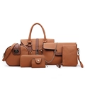 6-piece set of brown faux leather handbags including tote, crossbody, and wallets - Brown