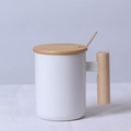 White ceramic mug featuring a wooden handle, matching lid, and metal spoon set - Cylindrical White Mug with Lid & Spoon