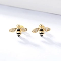S925 silver honey bee stud earrings with black enamel and clear sparkling stones - 925 Silver / Gold