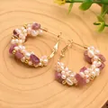 Handmade gold hoop earrings featuring natural freshwater pearls and purple crystals - Tourmaline Style