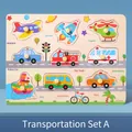 Wooden vehicle puzzle for kids featuring colorful airplane, rocket, and car modules - Transport Style A