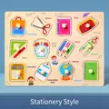 Educational wooden peg puzzle featuring back to school stationery theme for toddlers - Stationery