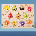 Wooden fruit peg puzzle for kids featuring lemon, avocado and pineapple on blue background - Fruits Style B