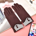 Dark brown thermal winter gloves for women with checkered cuffs and fur ball details - Brown With Black And White Grid