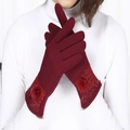 Deep burgundy thermal knit gloves for women featuring lace trim and soft pompom detail - Wine Red With Mink Ball