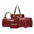 Burgundy crocodile pattern patent leather 6-piece handbag set with gold hardware and tote bag - 6-Piece Set / Red