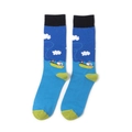 Detail of blue knit crew sock with cartoon fishing pattern and green reinforced heel - Blue Fishing