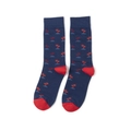 Detail von dunkelblauen Crew-Socken mit roten Palmenmustern und verstärkter Ferse und Zehen - A057 / Marineblau Palme