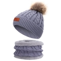 Winter knit hat and neck warmer set in purple-grey with plush lining and faux fur pom-pom - Single Pom-Pom 2-Piece Set Grey
