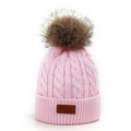 Pink cable knit winter hat for children featuring a fluffy brown faux fur pom pom - Single Pom-Pom Light Pink Hat