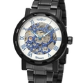 Montre mécanique squelette en acier noir avec chiffres romains bleus et mouvement visible - Bleu Noir