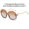 Translucent tea frame sunglasses with tea-blue gradient lenses and pearl metal temple - Translucent Tea Frame Tea-Blue Lens