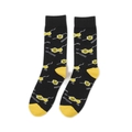 Close-up of black cotton socks featuring yellow dopamine and serotonin chemical motifs - A079-Black Chemistry Dopamine