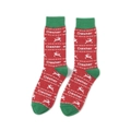 Detail of knit Christmas socks with red-green colors and reindeer patterns featuring Dasher - A086-Red Christmas Reindeer