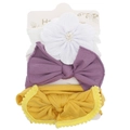 Set of 3 nylon baby headbands with white flower, purple bow, and yellow pom-pom bow - White/Purple/Yellow Style