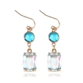 Blue and iridescent gradient K9 crystal drop earrings with rose gold hooks on white background - Blue (E1330)