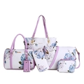 6-piece floral tote bag set in white and blue featuring purple handles and shoulder straps - Blue Floral Print / 6-Piece Set / Purple