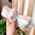 Detail of pink and mint striped plush bow headband held by hand for skincare - 8# Pink Green White Stripes