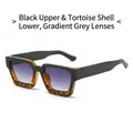 Bold square sunglasses with black and tortoise shell frame and gradient grey lenses - Black & Tortoise / Tea Gradient