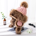 Pink knitted trapper hat with brown faux fur trim and pom-pom for winter warmth - M (56-58cm) / Mongolian Hat Pink
